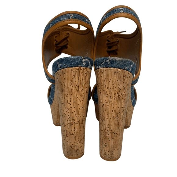 Gucci Double GG Logo Canvas Platform Sandal EU 38 US 8 Blue Slingback High Heel - Picture 7 of 11